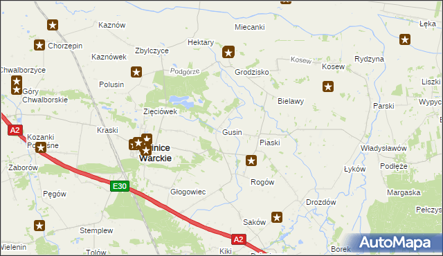 mapa Gusin gmina Świnice Warckie, Gusin gmina Świnice Warckie na mapie Targeo