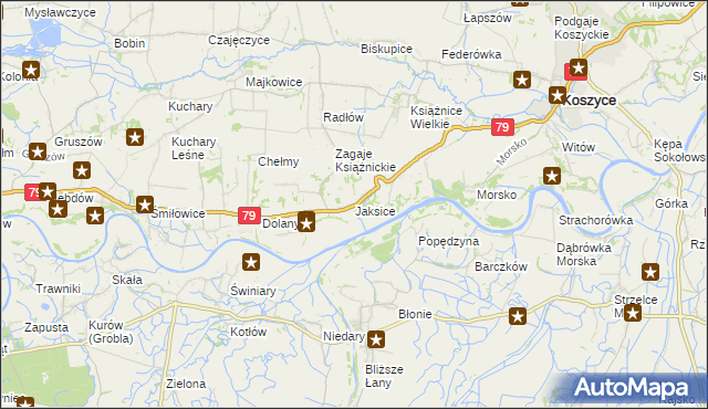 mapa Jaksice gmina Koszyce, Jaksice gmina Koszyce na mapie Targeo