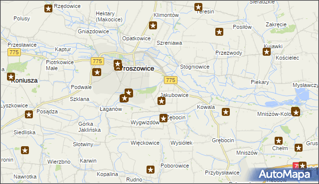 mapa Jakubowice gmina Proszowice, Jakubowice gmina Proszowice na mapie Targeo