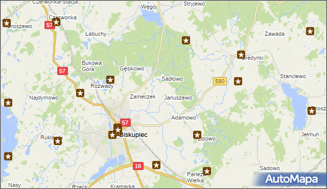 mapa Januszewo gmina Biskupiec, Januszewo gmina Biskupiec na mapie Targeo