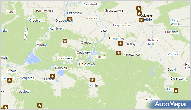 mapa Jasień gmina Kobiele Wielkie, Jasień gmina Kobiele Wielkie na mapie Targeo