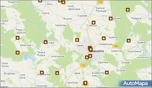mapa Jasień gmina Łopuszno, Jasień gmina Łopuszno na mapie Targeo