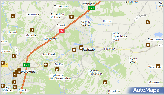 mapa Jastrząb powiat szydłowiecki, Jastrząb powiat szydłowiecki na mapie Targeo