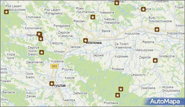 mapa Jazowa gmina Wiśniowa, Jazowa gmina Wiśniowa na mapie Targeo