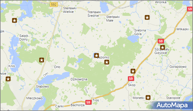 mapa Jeziorko gmina Ryn, Jeziorko gmina Ryn na mapie Targeo