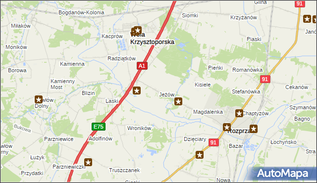 mapa Jeżów gmina Wola Krzysztoporska, Jeżów gmina Wola Krzysztoporska na mapie Targeo