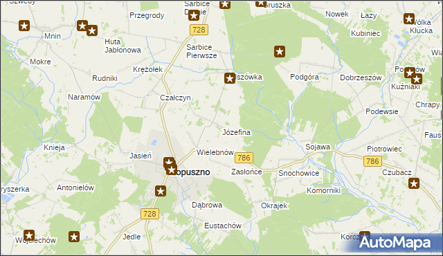 mapa Józefina gmina Łopuszno, Józefina gmina Łopuszno na mapie Targeo