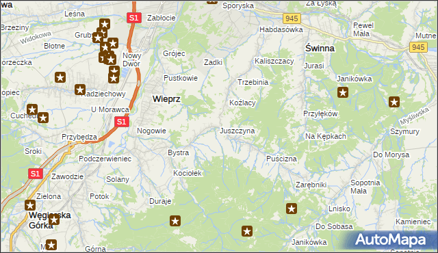 mapa Juszczyna, Juszczyna na mapie Targeo