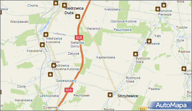 mapa Kajetanówka gmina Strzyżewice, Kajetanówka gmina Strzyżewice na mapie Targeo