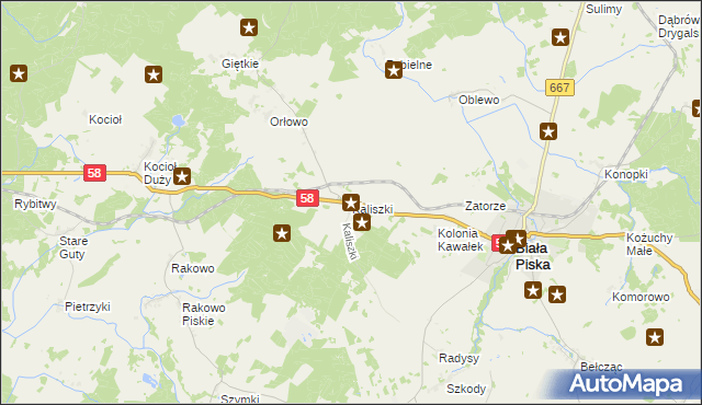 mapa Kaliszki gmina Biała Piska, Kaliszki gmina Biała Piska na mapie Targeo