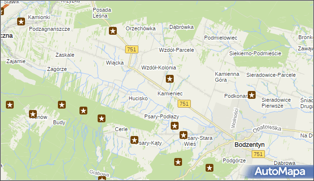 mapa Kamieniec gmina Bodzentyn, Kamieniec gmina Bodzentyn na mapie Targeo
