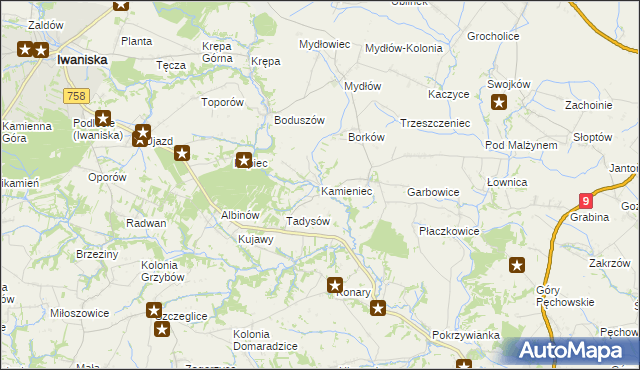 mapa Kamieniec gmina Iwaniska, Kamieniec gmina Iwaniska na mapie Targeo