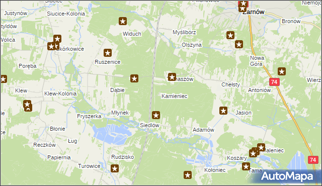 mapa Kamieniec gmina Żarnów, Kamieniec gmina Żarnów na mapie Targeo