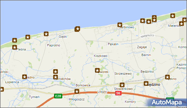 mapa Kiszkowo gmina Będzino, Kiszkowo gmina Będzino na mapie Targeo