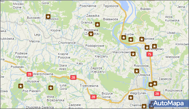 mapa Klęczany gmina Chełmiec, Klęczany gmina Chełmiec na mapie Targeo