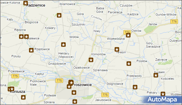 mapa Klimontów gmina Proszowice, Klimontów gmina Proszowice na mapie Targeo