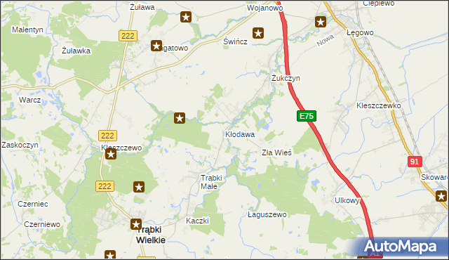 mapa Kłodawa gmina Trąbki Wielkie, Kłodawa gmina Trąbki Wielkie na mapie Targeo