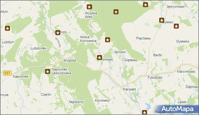 mapa Klonowo gmina Ostróda, Klonowo gmina Ostróda na mapie Targeo