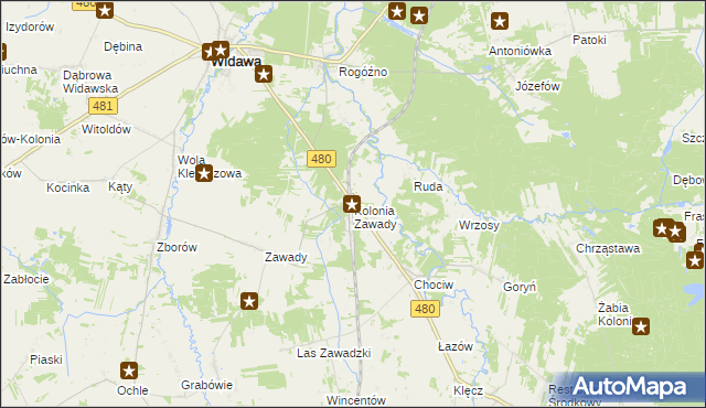 mapa Kolonia Zawady gmina Widawa, Kolonia Zawady gmina Widawa na mapie Targeo