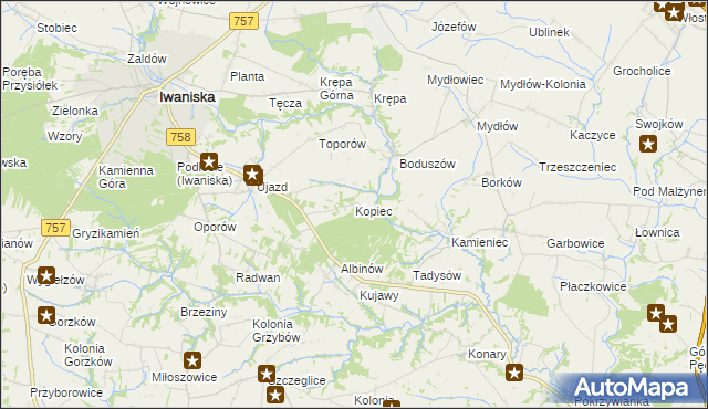 mapa Kopiec gmina Iwaniska, Kopiec gmina Iwaniska na mapie Targeo