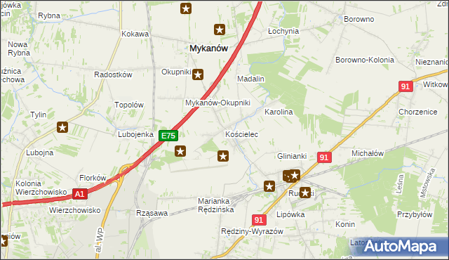 mapa Kościelec gmina Rędziny, Kościelec gmina Rędziny na mapie Targeo