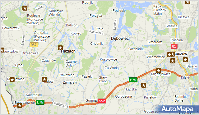 mapa Kostkowice gmina Dębowiec, Kostkowice gmina Dębowiec na mapie Targeo