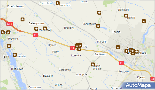 mapa Koszuty gmina Środa Wielkopolska, Koszuty gmina Środa Wielkopolska na mapie Targeo