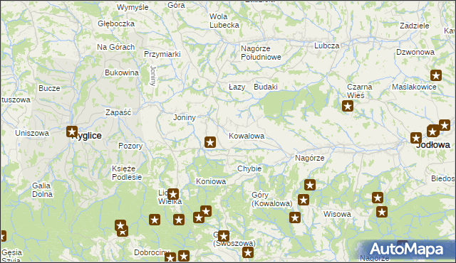 mapa Kowalowa gmina Ryglice, Kowalowa gmina Ryglice na mapie Targeo
