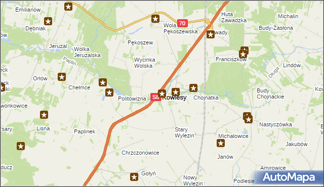 mapa Kowiesy powiat skierniewicki, Kowiesy powiat skierniewicki na mapie Targeo