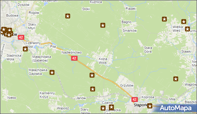 mapa Kozia Wola gmina Stąporków, Kozia Wola gmina Stąporków na mapie Targeo