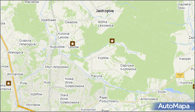 mapa Kozłów gmina Jastrzębia, Kozłów gmina Jastrzębia na mapie Targeo