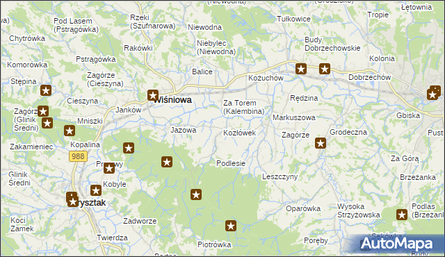 mapa Kozłówek gmina Wiśniowa, Kozłówek gmina Wiśniowa na mapie Targeo