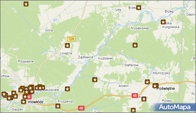 mapa Kozłowiec gmina Poświętne, Kozłowiec gmina Poświętne na mapie Targeo