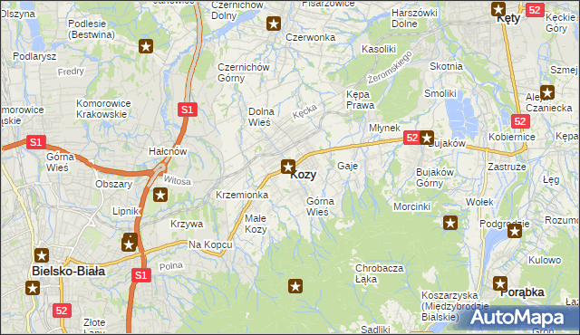 mapa Kozy powiat bielski, Kozy powiat bielski na mapie Targeo
