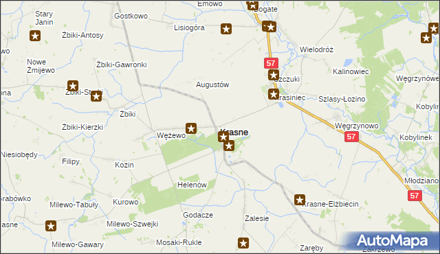 mapa Krasne powiat przasnyski, Krasne powiat przasnyski na mapie Targeo