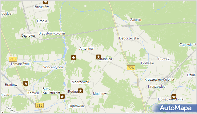 mapa Kraśnica gmina Opoczno, Kraśnica gmina Opoczno na mapie Targeo