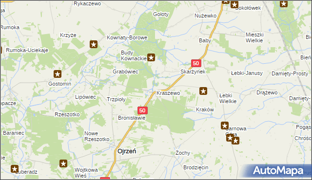 mapa Kraszewo gmina Ojrzeń, Kraszewo gmina Ojrzeń na mapie Targeo