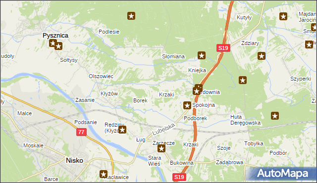 mapa Krzaki gmina Pysznica, Krzaki gmina Pysznica na mapie Targeo