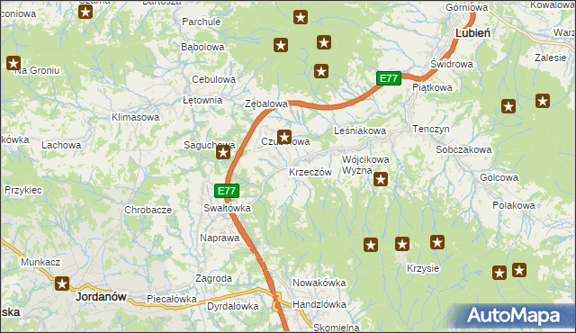 mapa Krzeczów gmina Lubień, Krzeczów gmina Lubień na mapie Targeo