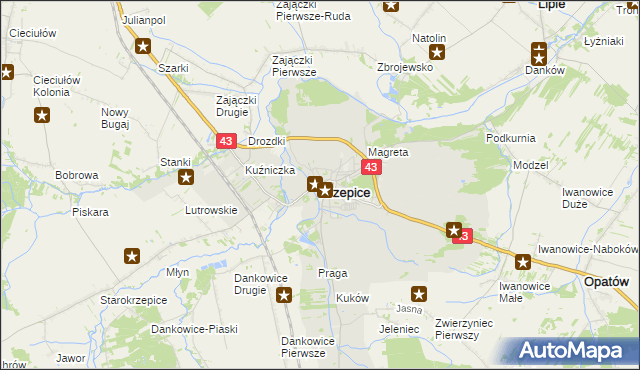 mapa Krzepice powiat kłobucki, Krzepice powiat kłobucki na mapie Targeo