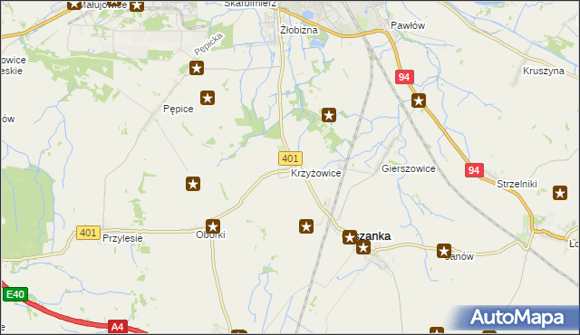 mapa Krzyżowice gmina Olszanka, Krzyżowice gmina Olszanka na mapie Targeo