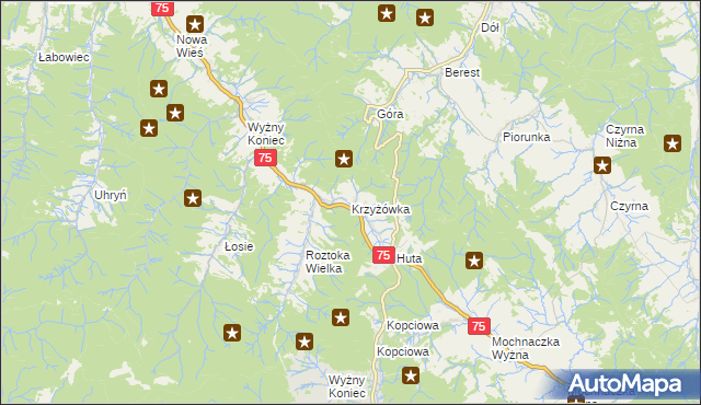 mapa Krzyżówka gmina Łabowa, Krzyżówka gmina Łabowa na mapie Targeo