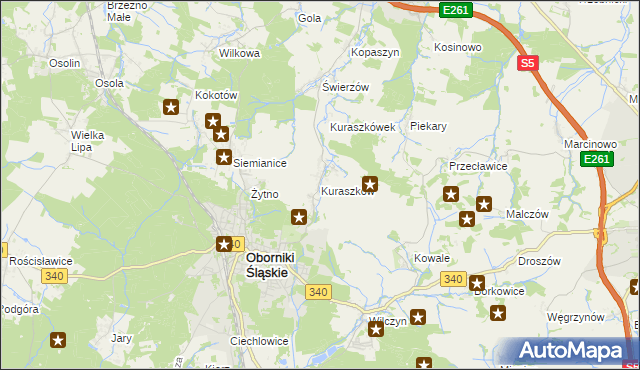 mapa Kuraszków gmina Oborniki Śląskie, Kuraszków gmina Oborniki Śląskie na mapie Targeo