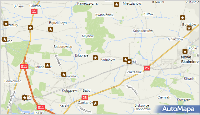 mapa Kwiatków gmina Ostrów Wielkopolski, Kwiatków gmina Ostrów Wielkopolski na mapie Targeo