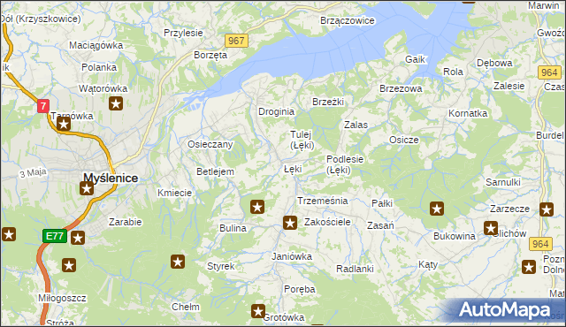 mapa Łęki gmina Myślenice, Łęki gmina Myślenice na mapie Targeo