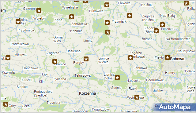 mapa Lipnica Wielka gmina Korzenna, Lipnica Wielka gmina Korzenna na mapie Targeo