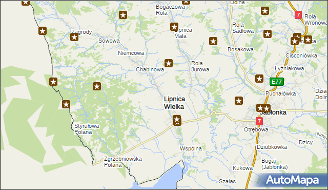 mapa Lipnica Wielka powiat nowotarski, Lipnica Wielka powiat nowotarski na mapie Targeo