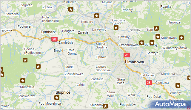 mapa Lipowe gmina Limanowa, Lipowe gmina Limanowa na mapie Targeo