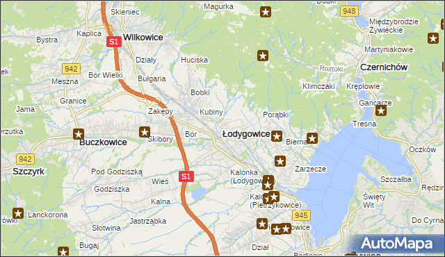 mapa Łodygowice powiat żywiecki, Łodygowice powiat żywiecki na mapie Targeo