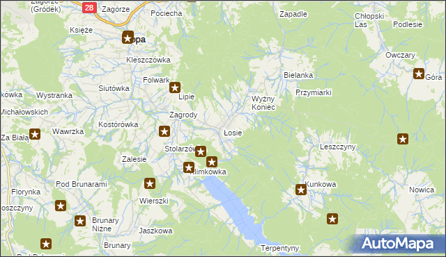 mapa Łosie gmina Ropa, Łosie gmina Ropa na mapie Targeo